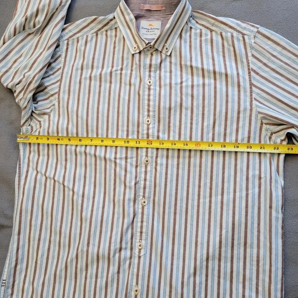 TOMMY BAHAMA Shirt Mens Large Jeans Island Modern Fit Blue Brown Striped Cotton - Picture 4 of 15